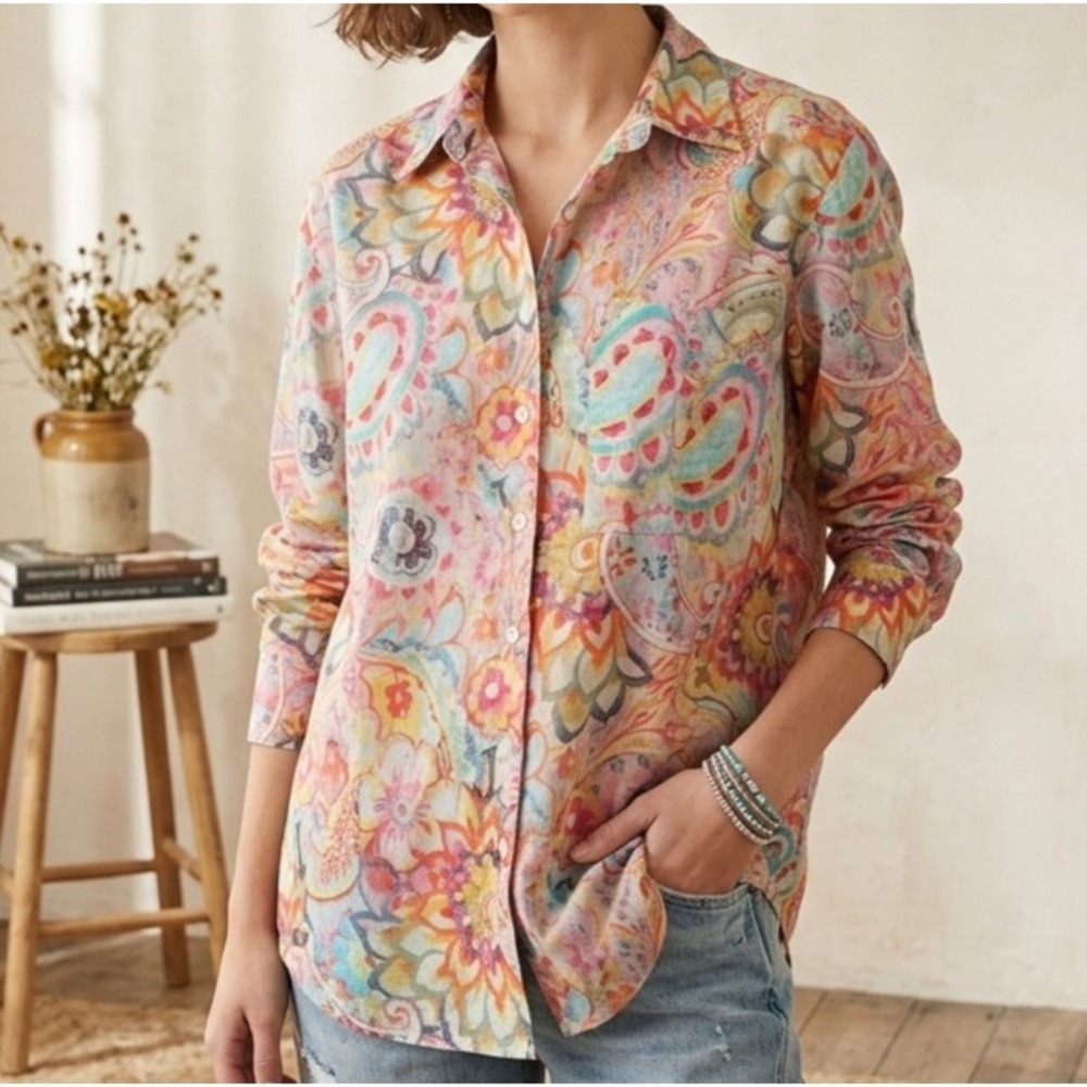 APNY Button Up Blouse Oversize XS Colorful Paisley Floral Maximalist Art to Wear